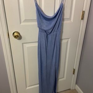 Ice, sparkle blue, midi length slip dress with cowl neck and spaghetti straps.